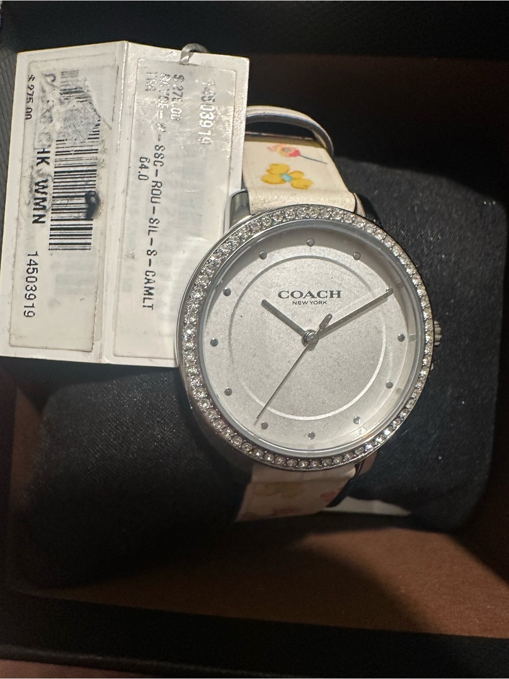 Coach Silver Dial Crystal Bezel Women's Watch with Cream Floral Strap